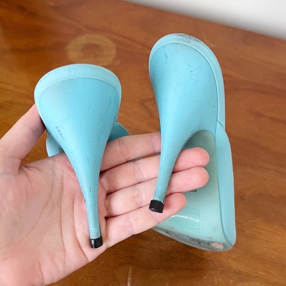 MOSCHINO x Barbie • turquoise stiletto mules heels sandals peep toe - Picture 8 of 11